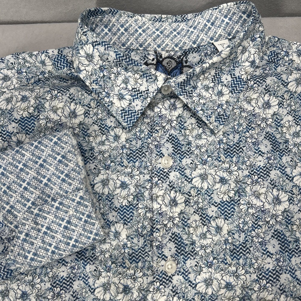 Robert Graham Flip Cuff Shirt Men Large Classic Fit Floral Print Blue White